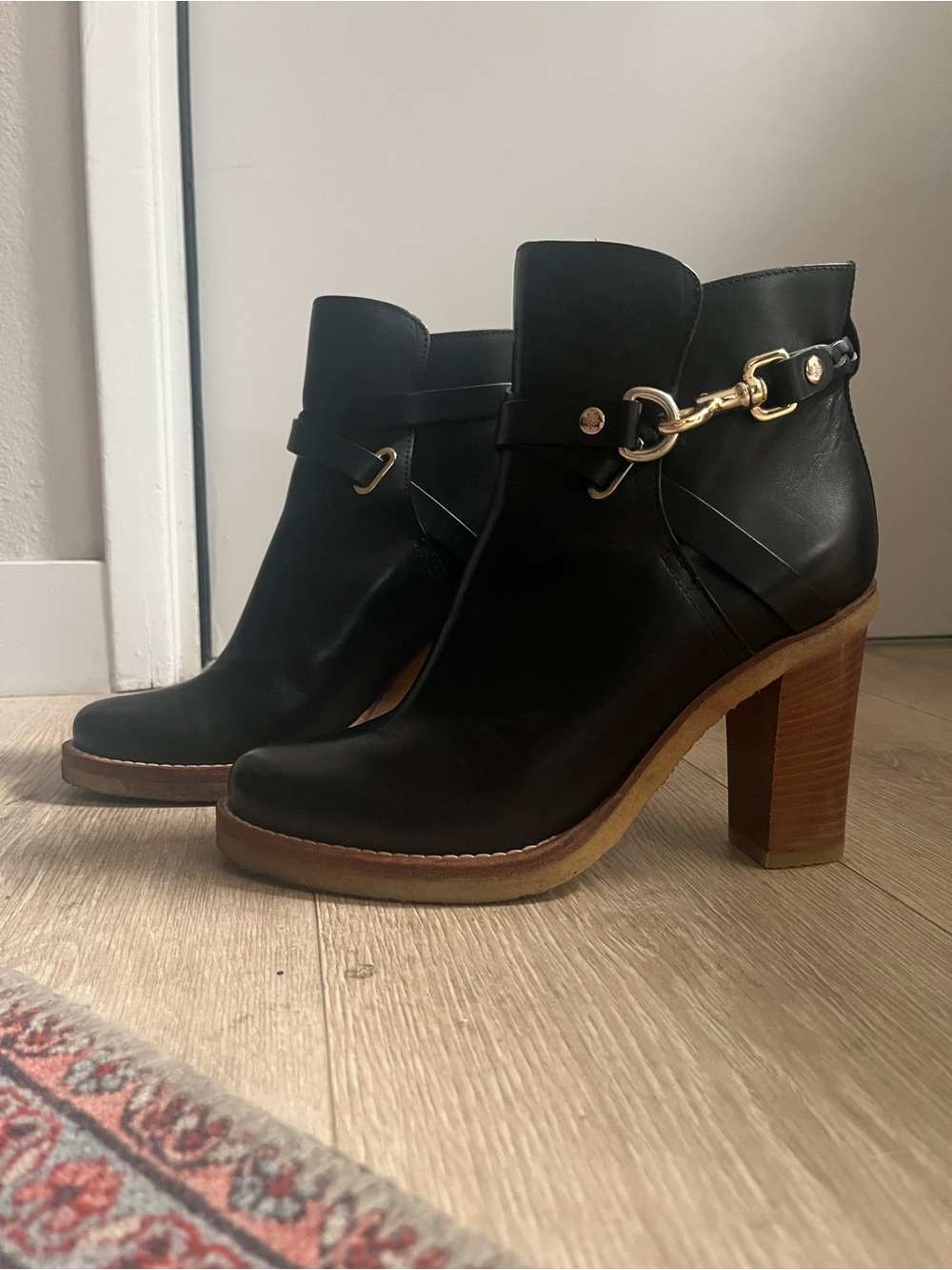 Mulberry Black Leather Ankle Boots with Gold Buckle Hardware